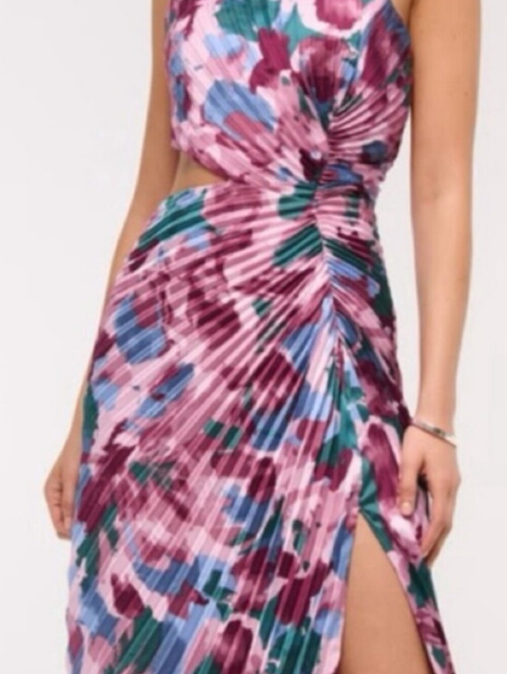 Abercrombie & Fitch One Shoulder Pink Floral Pleated Cut Out Maxi Dress New - Picture 3 of 8